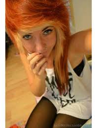 Deep red curly hair with white streaks on one side. Luciidkitties Orange And Blonde Scene Hair 3 Emo Scene Hair Scene Hair Blonde Scene Hair