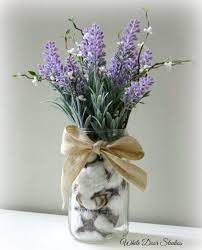 Farmhouse Lavender Arrangement In Cotton Filled Mason Jar Etsy Lavender Decor Mason Jar Arrangements Cotton Decor
