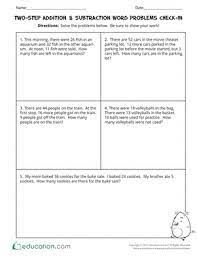 A shopkeeper bought 240 eggs and sold 148 eggs. Two Step Addition Subtraction Word Problems Check In Worksheet Education Com