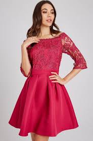 Beautiful 1980's hot pink sweetheart neckline blouson sleeve asymmetric mini dress. Frances Hot Pink Lace Bardot Skater Dress Little Mistress