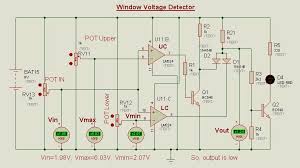 It uses 12v power supply to work, you may use batteries or accumulator or dc power supply for powering the circuit. Schematic Circuit Diagram Op Amp As A Window Voltage Detector Proteus Simulation