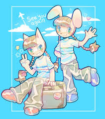 mimi (popn music), nyami (popn music), bemani, popn music,  commentary, english commentary, highres, 2girls, aircraft, airplane, animal  ears, blue background, border, braid, brown hair, cat ears, cat girl,  cloud, english text, full