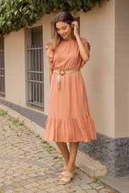 Hasir Kemerli Firfirli Elbise Somon 2020 The Dress Elbise Elbise Modelleri
