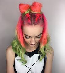 Half Braid Updo For Colormelt Hair Bright Orange And Shade Of Green Haircolor Green Hair Hair Two Color Hair