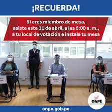 Debido a la pandemia del covid, la onpe estableció que. Onpe Oficina Nacional De Procesos Electorales Peru Si Eres Miembro De Mesa Asiste Temprano A Tu Local De Votacion E Instala Tu Mesa De Esta Forma Contribuiras Al Desarrollo