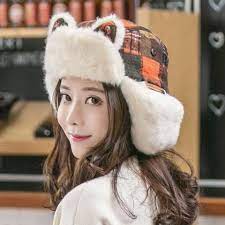 Winter Plaid Bomber Hat With Cat Ears For Women Fleece Warm Ear Flap Hats Bomber Hat Russian Winter Hat Winter Wear Women