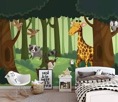 Cartoon Cute Animals Textile Wallpaper Forest Drawing Art Forest Animals Wall Murals Nursery Wall Decor Girl Kids Wallpaper Nursery Wall Decor