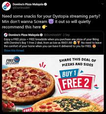 Domino's malaysia has also brilliantly introduced the party sets that serves up to 30 people, with up to 6 set options. Need Some Snacks For Your Dystopia Streaming Party 200904 Domino S Pizza Malaysia Twitter Dreamcatcher