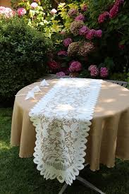 Havana Faux Burlap Tablecloth With Lace Table Runner And Party Favor Bags Http Premiertablelinens Com Defa Lace Tablecloth Burlap Wedding Lace Table Runners