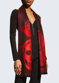 Alexander Mcqueen Oversize Skull Bloom Wool Scarf In Red Modesens