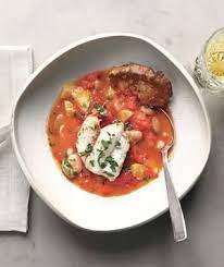 Poached Cod With Tomatoes White Beans And Toast Recipe Recipe Poached Cod Recipes Summer Dinner