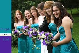 Here The Teal Of The Bridesmaids Dresses Is Complemented By Purple Flowers In The Bouquets Teal Wedding Flowers Purple Wedding Flowers Teal Wedding