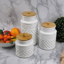 Farmlyn creek 3 pack white ceramic kitchen canisters with bamboo lids, for seasoning & snacks (3 sizes) farmlyn creek. Ceramic White Kitchen Food Storage Canister Set With Wooden Lids Buy Ceramic Kitchen Canister Ceramic Canister With Wooden Lids Ceramic Canister Set Product On Alibaba Com