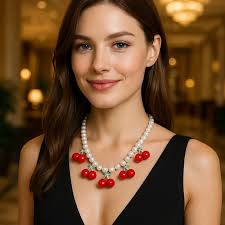 Fashion Cute Cherry Pendant Bead Necklace, Elegant Feminine Temperament  Imitation Pearl Necklace，Valentine's Day Holiday Gift