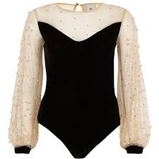 River Island Black Velvet And Mesh Pearl Bodysuit 76 Liked On Polyvore Featuring Intimates Shapewear Tops Black Bodysuits And Women Clothes Tops Women