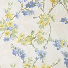 Blue Birds And Flowers Wallpaper Birdsong Wallpaper Wallpaper Of Small Birds On Blue And Yellow Blossom On Off White Background Floral Wallpaper Blue Flower Wallpaper Pattern Wallpaper