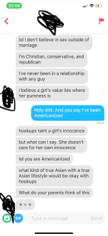 talking to an Asian girl (as an Asian guy). mentioned hookups (as one  does). Didn't expect this. : rTinder