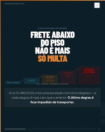 A Lei 15.485/2026 transformou o descumprimento do piso mínimo de frete numa escada com cinco degraus. Não é mais sobre multa. É sobre continuidade do negócio. Salva este post e encaminha para