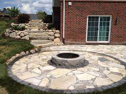 Fire pits provide outdoor lighting and heat via the burning of coals and or wooden logs. Canadian Flagstone Patio With Brick Paver Accent Brick And Unilock Fire Pit All Natural Landscapes Fire Pit Backyard Backyard Fire Outdoor Fire Pit