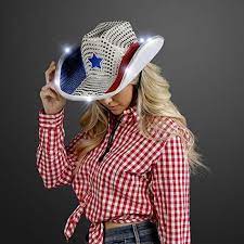 Amazon Com Flashingblinkylights Red White And Blue Sequin Light Up Led Cowboy Hat With White Led Brim Toys Games Cowboy Hats Stagecoach Outfits Cowboy