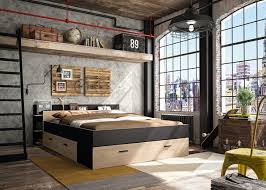 Lit Avec Rangements 140x190 Cm Tonight Style Industriel Imitation Chene Et Noir Chambre A Coucher Style Industriel Lit Rangement Chambre Style Industriel