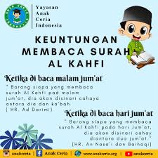 3 kelebihan membaca surah al kahfi hari jumaat menurut hadis terdapat beberapa hadis yang mengungkapkan tentang manfaat dan keutamaan pada surat ini, diantaranya: Keuntungan Membaca Surah Al Kahfi Yayasan Anak Ceria Indonesia