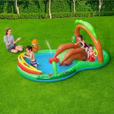 Aire De Jeu Gonflable Avec Toboggan Et Jet D Eau Forest Pataugeoire De 230 X 200 X 130 Cm