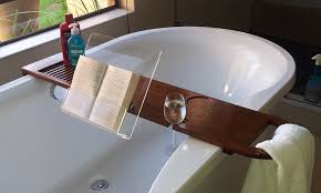 Bath Caddy With Book And Wine Glass Holder Made From Brown Kiaat And Perspex Bath Caddy Diy Bath Caddy Bathtub Book Holder