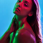 Glowing skincare, portrait or neon lighting