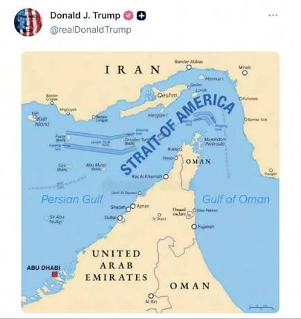 ⚠️ The map calling it the “Strait of America” is obviously a joke. The real name is the Strait of Hormuz — and right now it's effectively shut down after the war