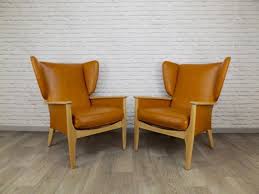 Vintage Pair Of Parker Knoll Wingback Armchairs Mid Century Tan Vinyl Upholstery Knoll Chairs Comfy Living Room Furniture Mid Century Armchair