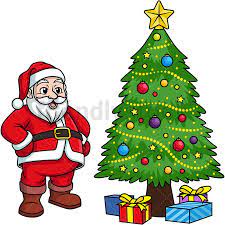Christmas set with fireplace, chairs, christmas tree, holiday table with food, gifts, garlands.vector cartoon illustration. Santa Claus Near Christmas Tree Cartoon Clipart Vector Friendlystock