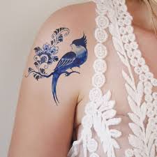 Blue Bird And Rose Tattoo Delfts Blue Bird And Flower Tattoo Bird And Flower Tattoo Tattoos Boho Temporary Tattoos