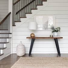 Shiplap Entry Walls Iron Stair Rails Wood Railing Foyer Table Farmhouse Interior Design Staircase Decor Farmhouse Interior