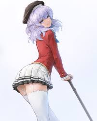 sterben, sakayanagi arisu, youkoso jitsuryoku shijou shugi no kyoushitsu e,  1girl, ass, back, belt, braid, cane, garter straps, looking at viewer,  pleated skirt, purple eyes, purple hair, school uniform, simple background,  skirt,