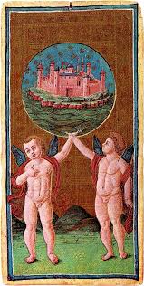 The World card from the Visconti-Sforza tarot showing figures holding up a celestial sphere containing a castle