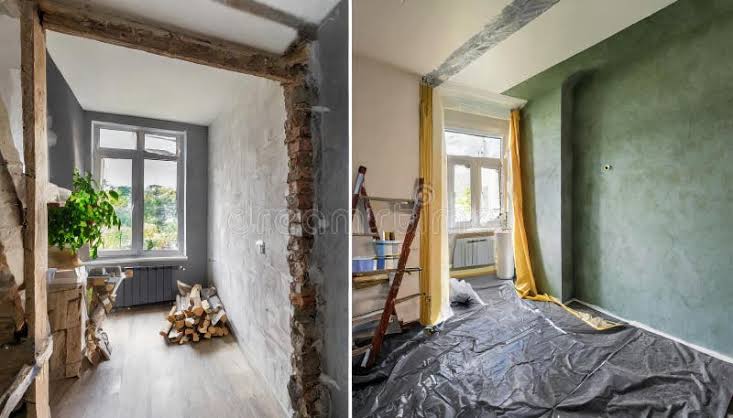 Modern Renovation Concept Showcasing an Apartments Remarkable Transformation  before and after Restoration, Highlighting Stunning Stock Illustration -  Illustration of restoration, innovative: 346690892