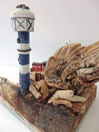 Lighthouse Scene Harbour Driftwood Lighthouse Coastal Art Etsy Coastal Art Driftwood Art Wooden Cottage