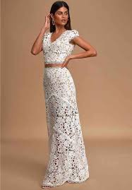 $55.00 $33.00 (40% off) white co ord broderie ruffle mini skirt. Special Moments White Crochet Lace Two Piece Maxi Dress Sheath Wedding Dress By Lulus Bridal Weddingwire Com