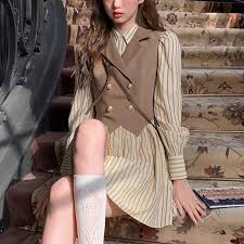 Dark Academia Brown Vintage Dress Women Corset Top 2 Piece Sets Harajuku  Long Sleeve Dresses Summer Fall Clothes Korean Fashion