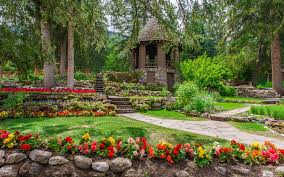 Download Wallpaper Canada Banff Cascade Gardens Park Garden Gazebo Lawn Gra Backyard Landscaping Large Backyard Landscaping Backyard Landscaping Designs