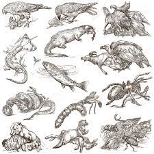 世界 - 捕食者回避行動の動物。手には、いっぱいサイズのイラストが描かれました。コレクションを設定します。白、分離、ライン  アートの図面。の写真素材・画像素材 Image 75434012