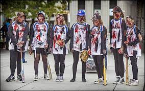 Want to dress up for halloween but not spend a ton of money or time? Zombie Girls Baseball Team Halloween Softball Team Halloween Costumes Baseball Costumes