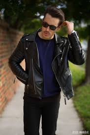 Men S Black Leather Biker Jacket Navy Crew Neck T Shirt Black Jeans Dark Brown Sunglasses Black Leather Biker Jacket Leather Jeans Men Leather Jacket