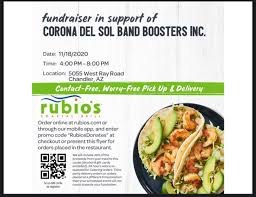 My rubios in florida closed before i could use this. Cds Band Boosters Ø¹Ù„Ù‰ ØªÙˆÙŠØªØ± Restaurant Night At Rubio S Tonight From 4 00 Pm To 8 00 Pm Dine In And Carry Out Orders Will Give The Band 30 Of The Profits Online Orders For