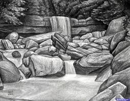 Black And White Beautiful Scenery Drawing How To Draw A Creek Step By Step Watermasses Landmarks Places Free Online Drawing Landscape Pencil Drawings Realistic Drawings Landscape Drawing Tutorial