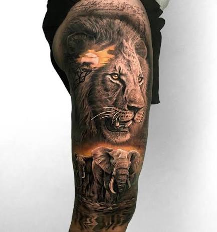 Realistic style lion portrait and elephants tattoo