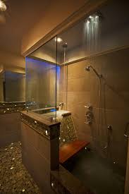 The Four Quadrant Ceiling Mounted Shower Is Surrounded By Fiber Optic Lights The Roman Bath Fills From The Cei Restroom Design Roman Baths Bed And Breakfast