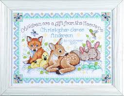 Cross stitch gifts for baby and nursery. Amazon Com Design Works Crafts Counted Cross Stitch Woodland Baby Sampler 12 By 13 Inches
