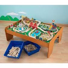 17 1/2h x 35w x 49 1/4d. Ride Around Town Train Set Table Wooden Train Table Train Set Table Wooden Train